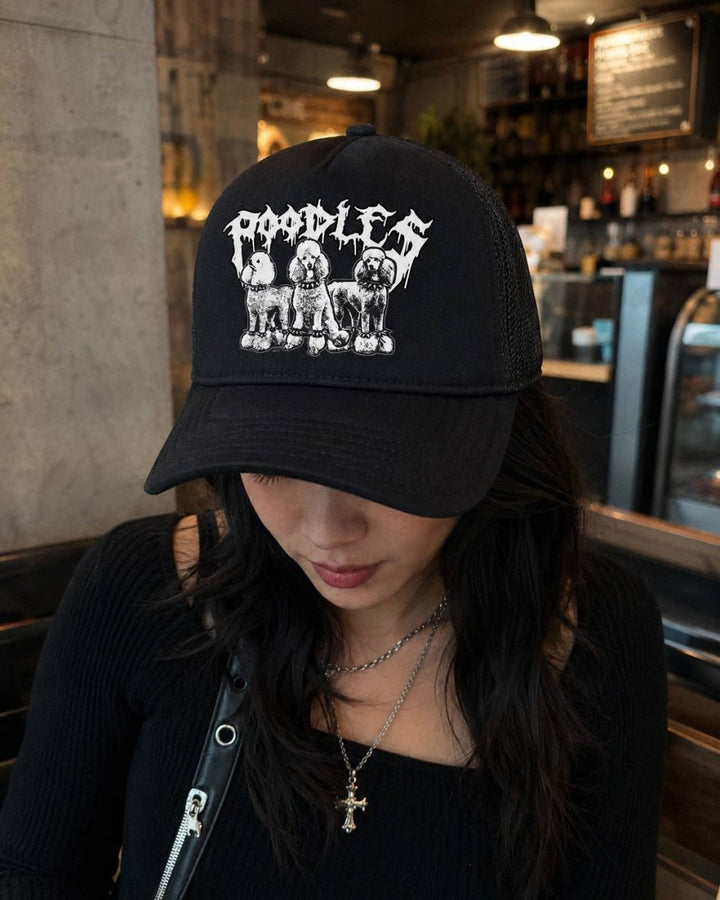 heavy metal hounds trucker hat | poodle - bean goods