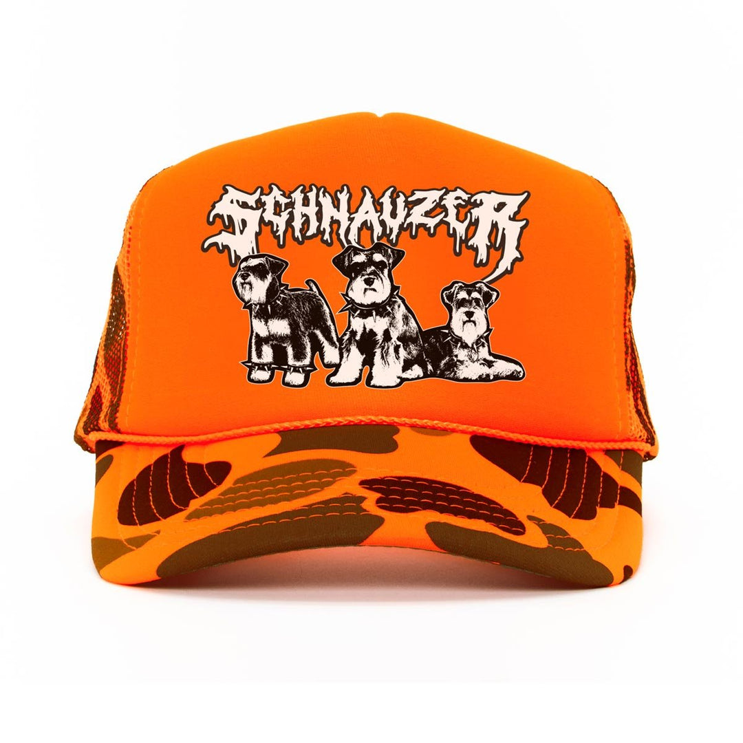 heavy metal hounds trucker hat | schnauzer | orange camo - bean goods