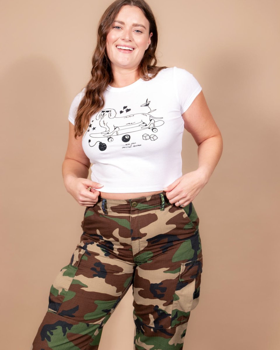 hot dogs & high heels society cropped baby tee - bean goods