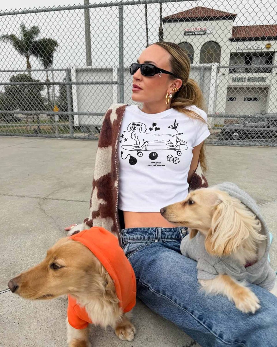 hot dogs & high heels society cropped baby tee - bean goods