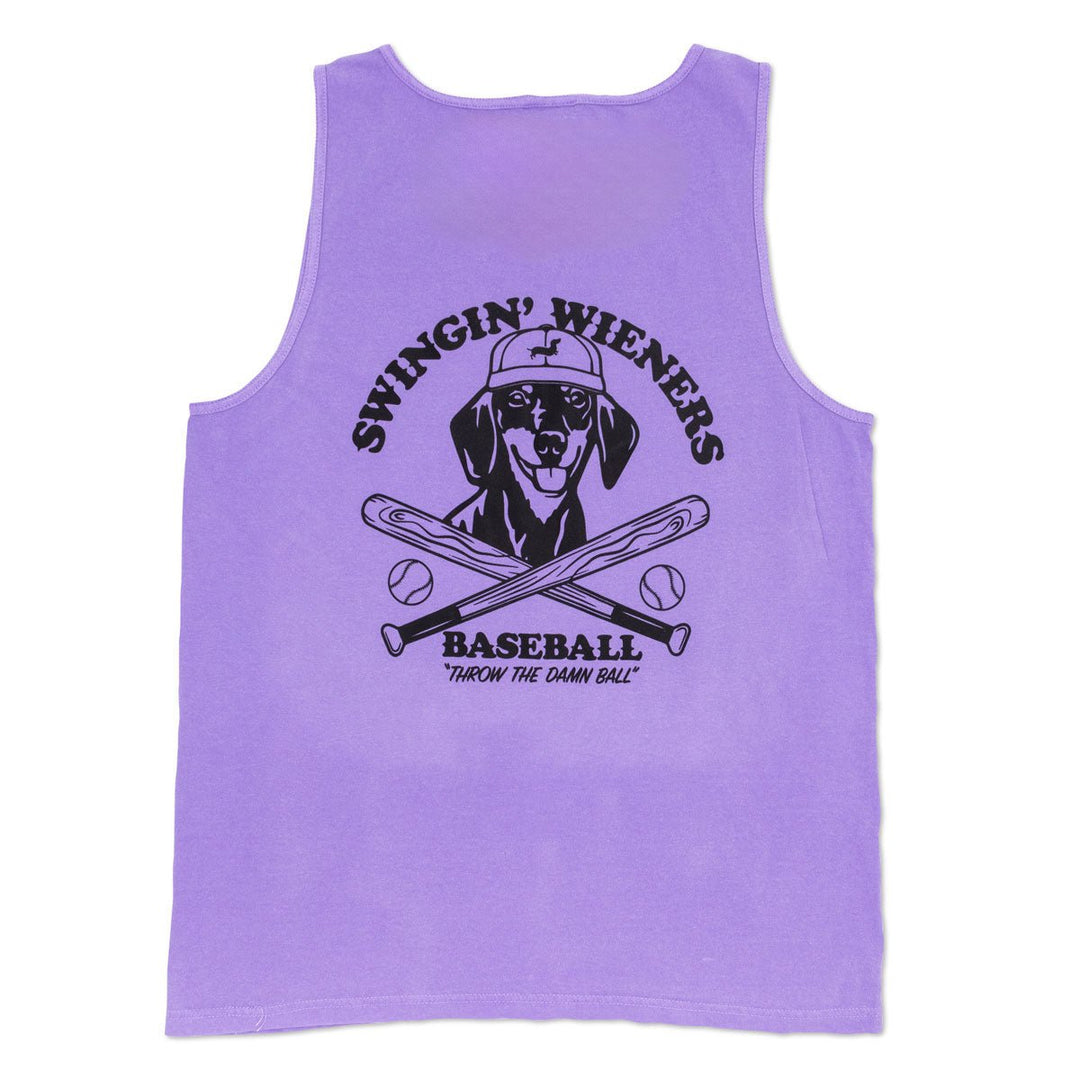 swingin’ wieners baseball club unisex tank | grape - bean goods