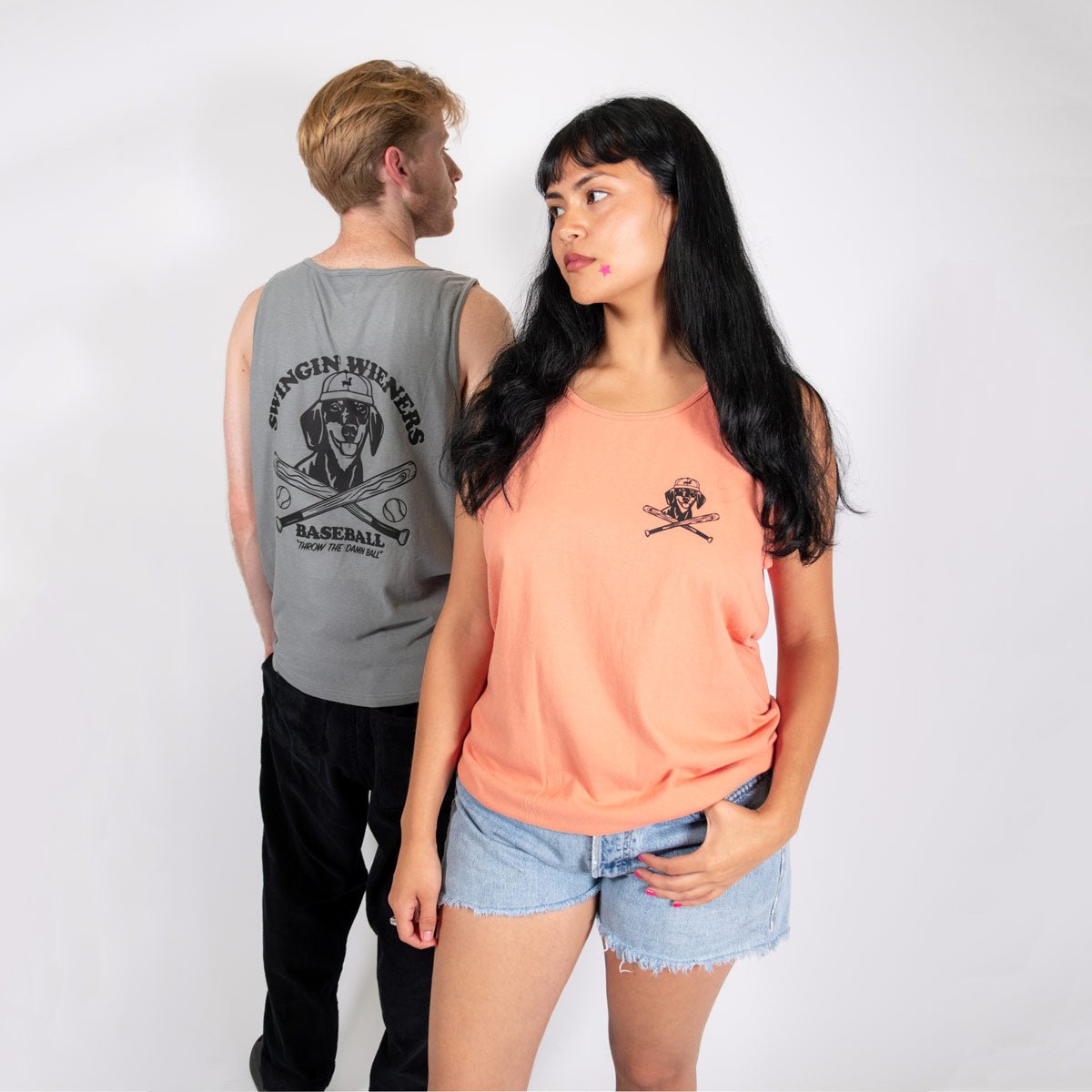 swingin’ wieners baseball club unisex tank | tangerine - bean goods