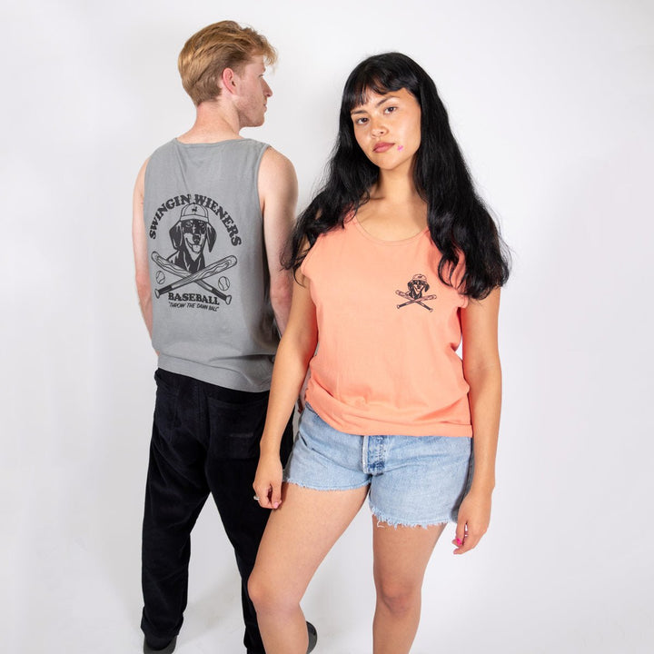 swingin’ wieners baseball club unisex tank | tangerine - bean goods