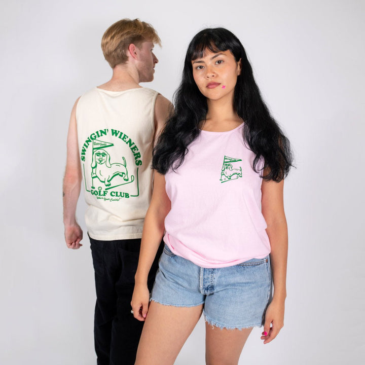 swingin’ wieners golf club unisex tank | caddy pink - bean goods