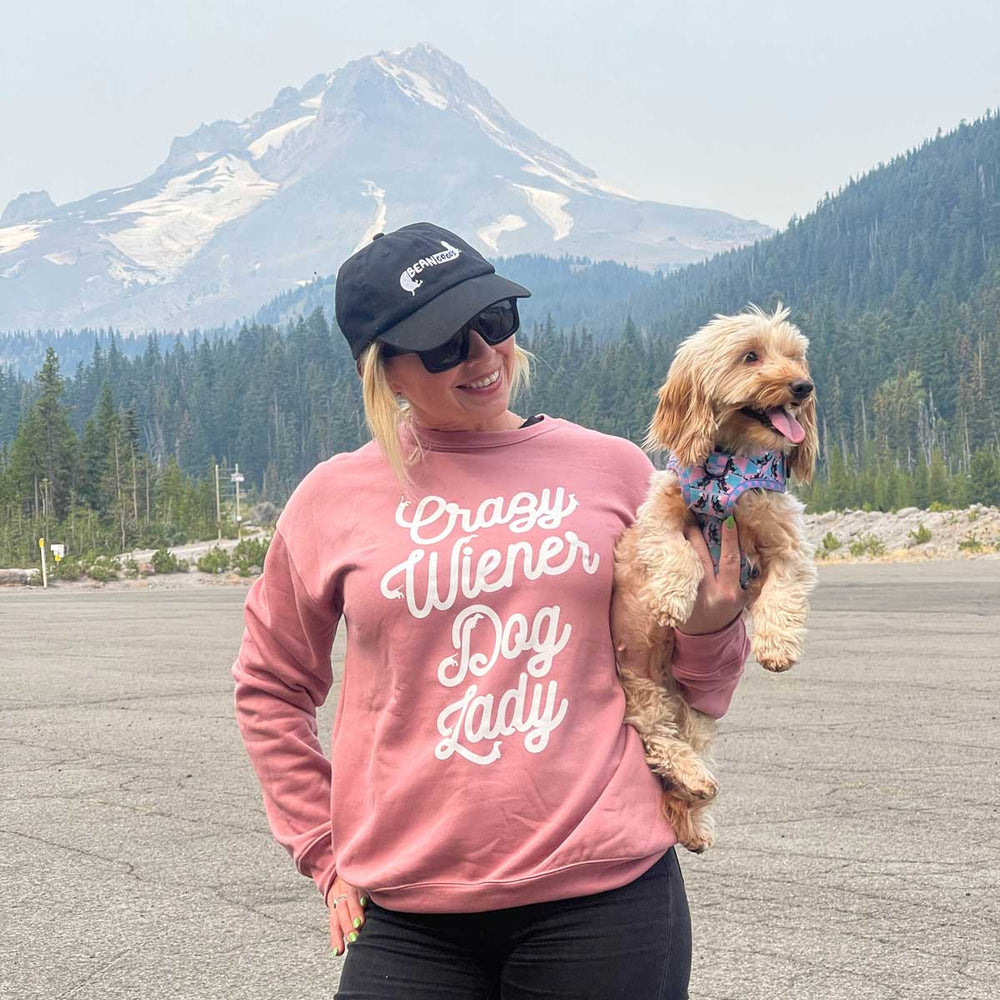 crazy wiener dog lady unisex crew sweatshirt | mauve - bean goods