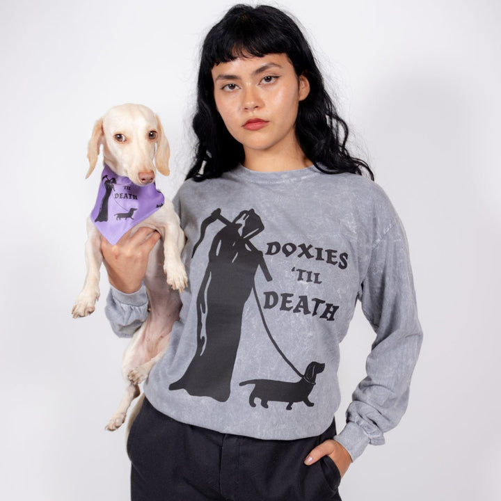 doxies 'til death unisex long sleeve tee | grey mineral wash - bean goods