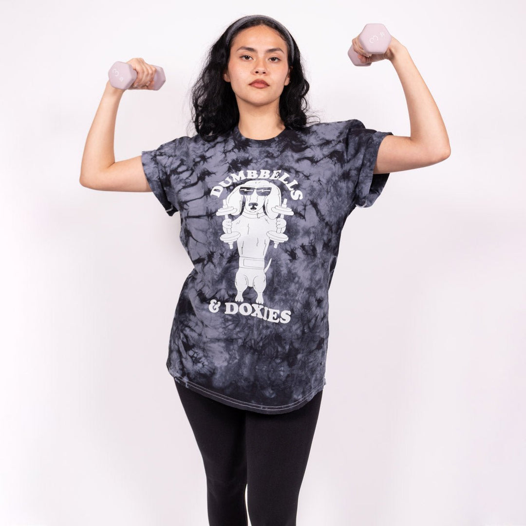 dumbbells & doxies unisex tee | tie-dye - bean goods