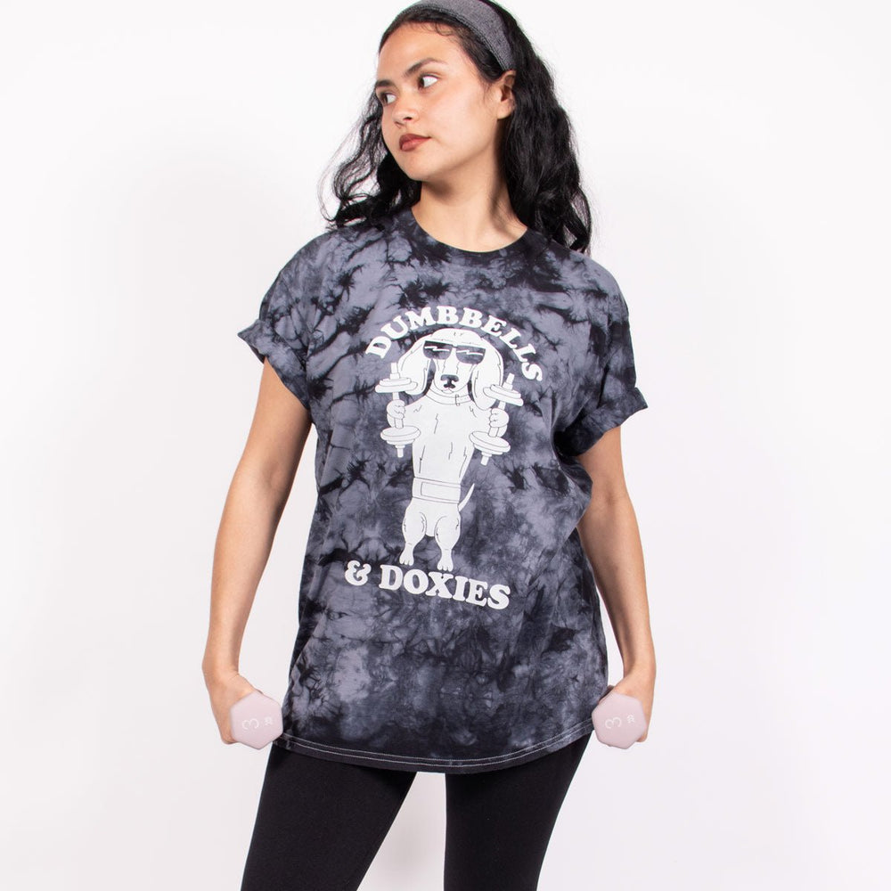 dumbbells & doxies unisex tee | tie-dye - bean goods