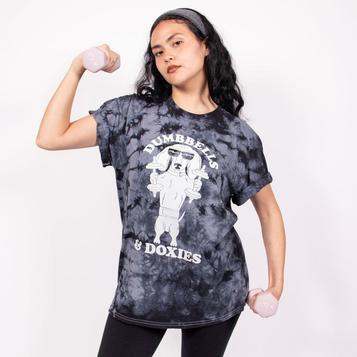 dumbbells & doxies unisex tee | tie-dye - bean goods