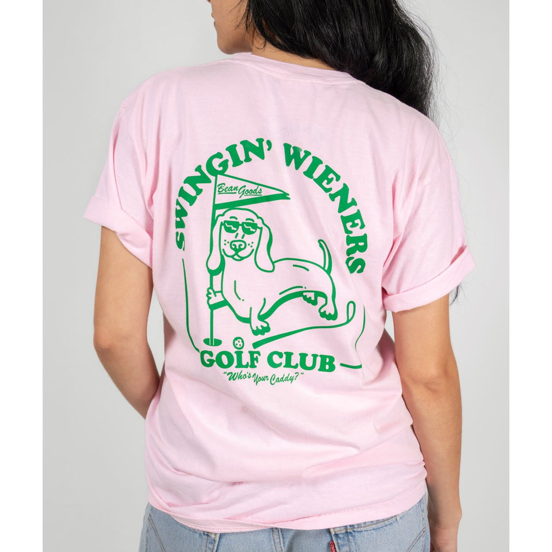 swingin’ wieners golf club unisex pocket tee | caddy pink - bean goods