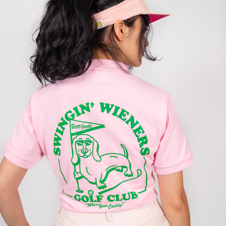 swingin' wieners golf club womens polo | pink - bean goods