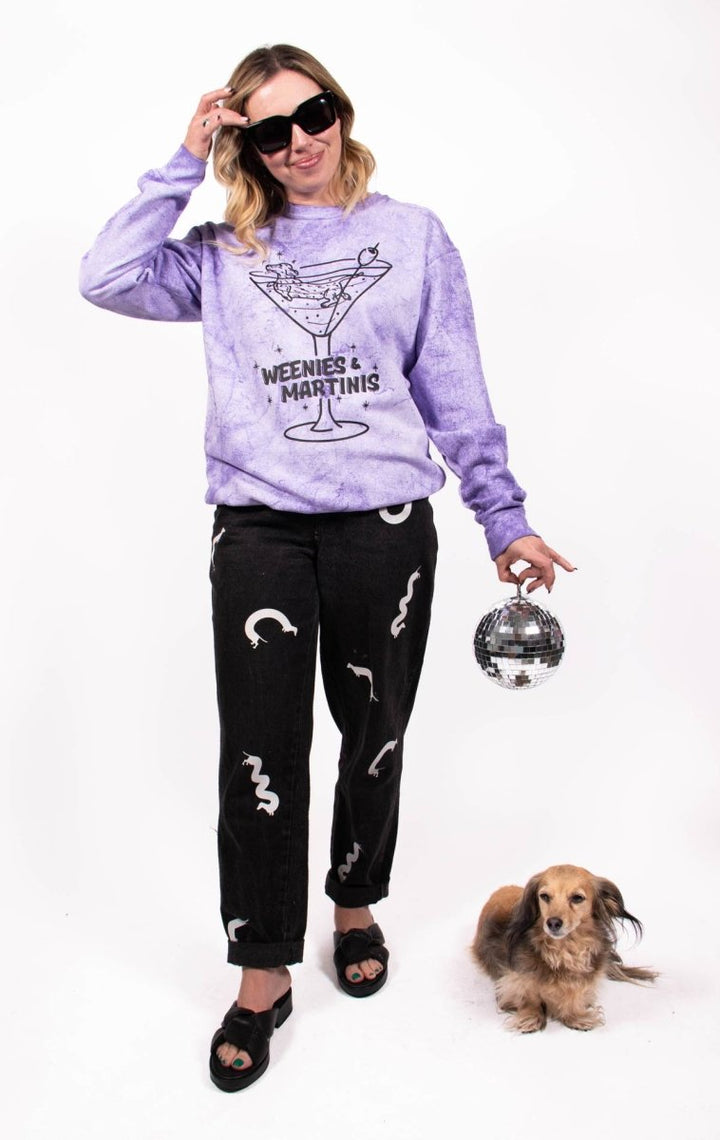 weenies & martinis unisex crew sweatshirt | purple puptini - bean goods