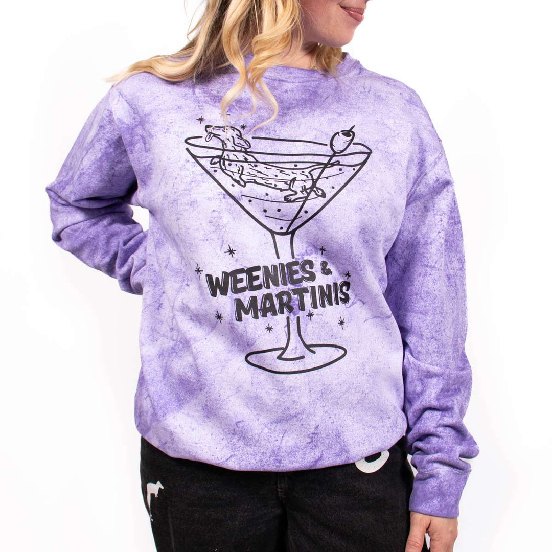 weenies & martinis unisex crew sweatshirt | purple puptini - bean goods