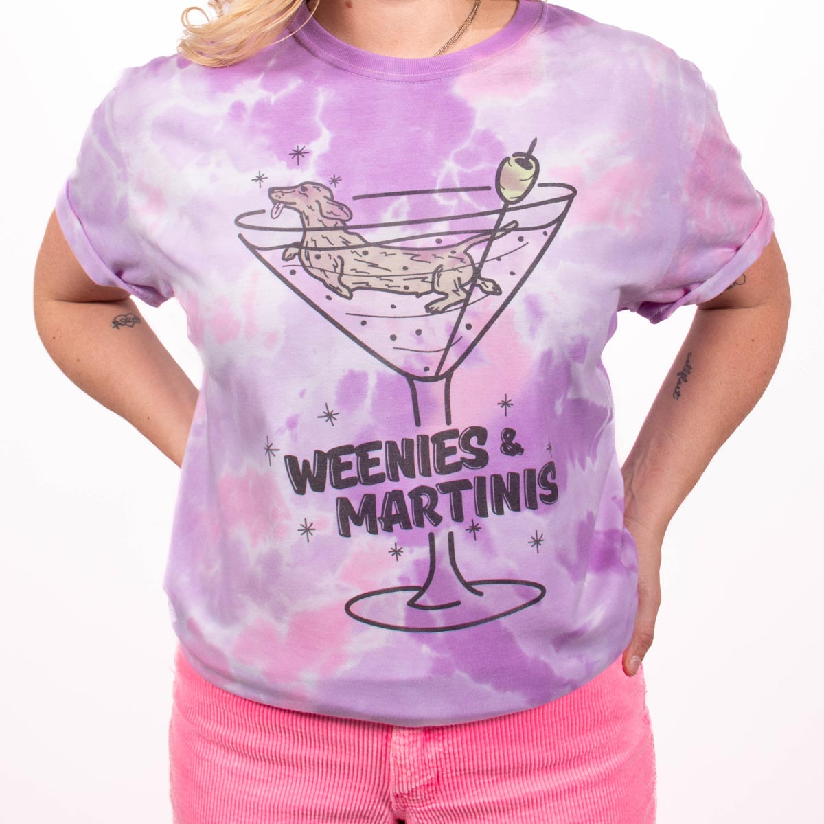 weenies & martinis unisex tee | raspberry splash tie-dye - bean goods