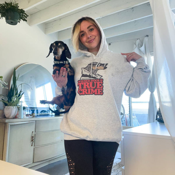 wiener dogs & true crime unisex hoodie | heather grey - BeanGoods