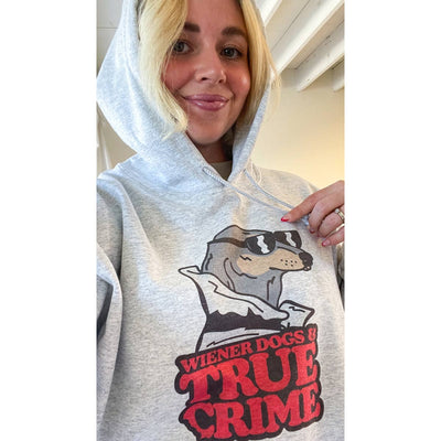 wiener dogs & true crime unisex hoodie | heather grey - BeanGoods