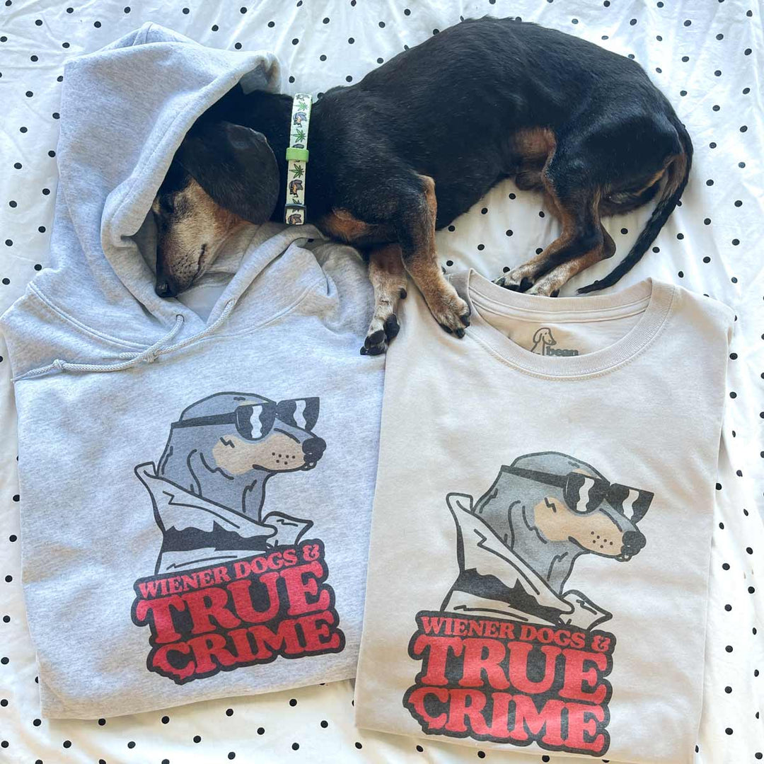 wiener dogs & true crime unisex hoodie | heather grey - BeanGoods