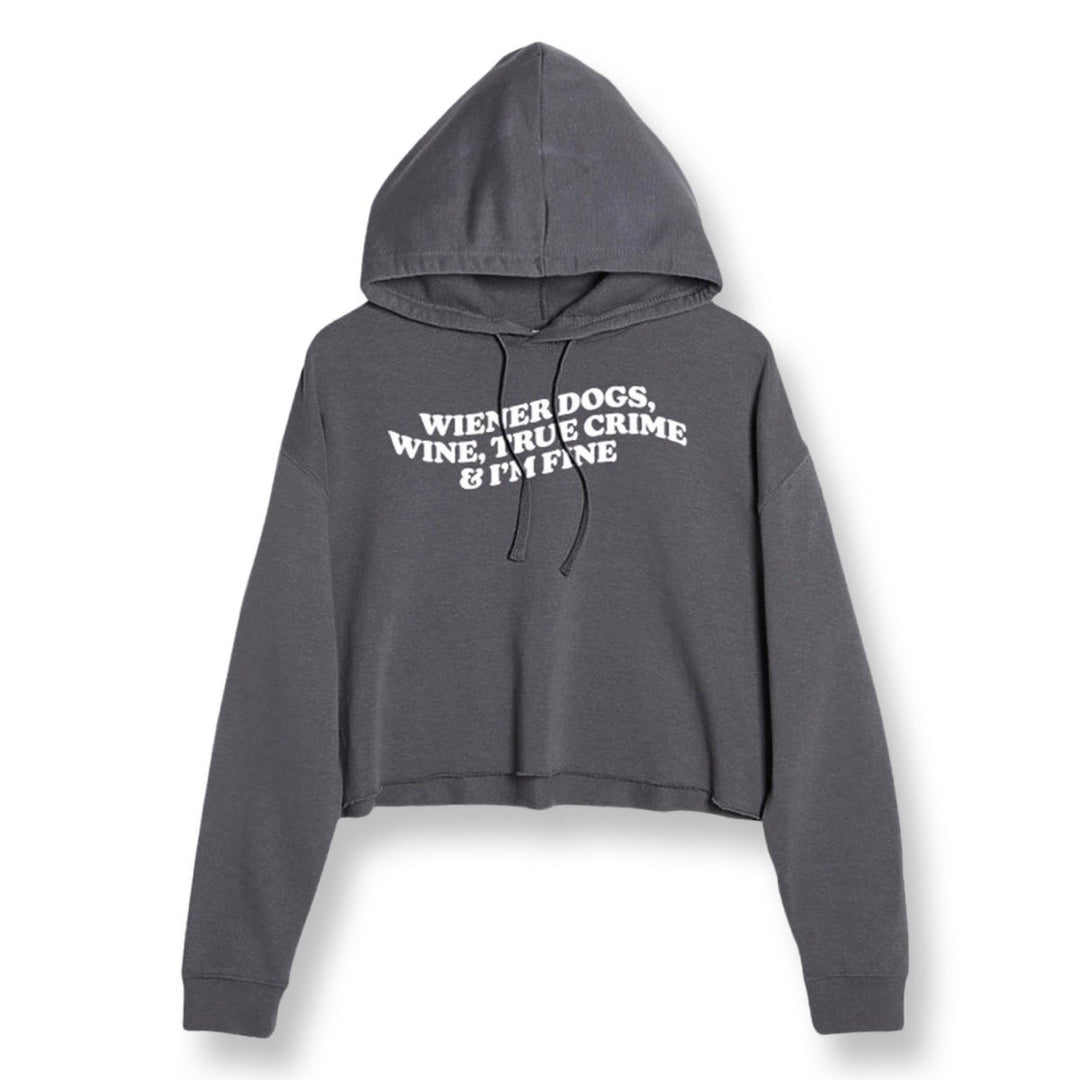 wiener dogs, wine, true crime cropped hoodie | storm grey - bean goods