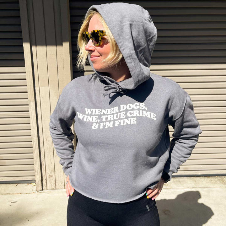 wiener dogs, wine, true crime cropped hoodie | storm grey - bean goods